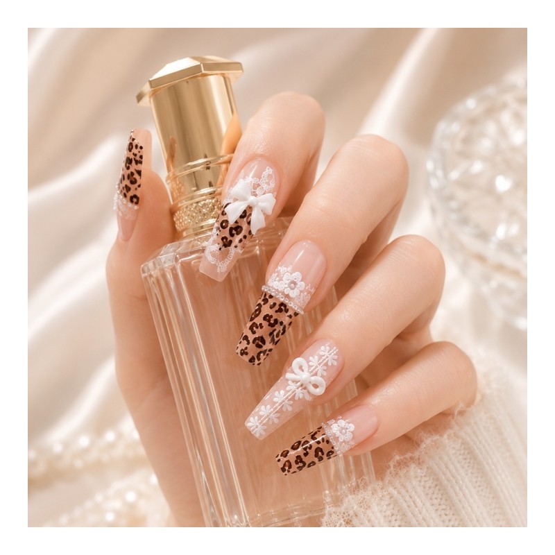 Hime Gyaru Leopard Handmade Nail Tips - Coffin Egg /