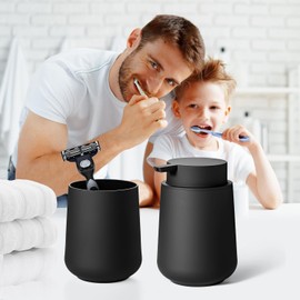 Juego de accesorios de baño de plástico negro mate, dispensador de jabón de manos y soportes para cepillos de dientes, 2 piezas