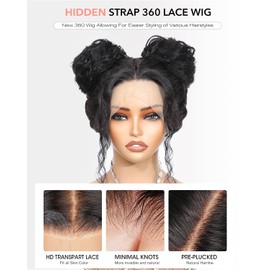 tunfine Hidden Strap 360 Glueless Lace Front Wigs Human Hair Pre Plucked 200 Density Water Wave 360 HD Full Lace Human Hair Wigs With Invisible Drawstring for Black Women 24 Inch