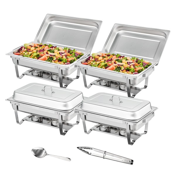 VEVOR Chafing Dish Buffet Set, 8 Qt 4 Pack, Stainless Chafer w/ 4 Full Size Pans, Rectangle Catering Warmer Server w/Lid Water Pan Folding Stand Fuel Tray Holder Spoon Clip, at Least 8 People Each