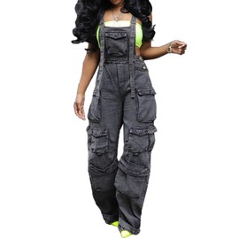 Vaceky Women's Bib Denim Overalls Elastic Waist Straight Leg Y2K Cargo Jeans Summer Jumpsuit with Pockets