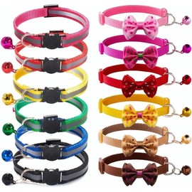 12 Collares para Gatos con Campanas, luz Reflectante y moñ, Material de Nailon, Collares de tamaño Ajustable para Gatitos o Cachorros (12 Colors) (Reflectante+Moño)