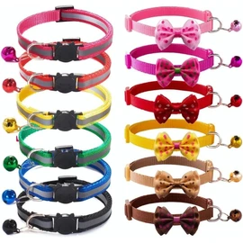12 Collares para Gatos con Campanas, luz Reflectante y moñ, Material de Nailon, Collares de tamaño Ajustable para Gatitos o Cachorros (12 Colors) (Reflectante+Moño)