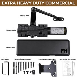 Finsbury FH‑9500 Commercial Door Closer, Heavy Duty Grade 1 Aluminum, Hydraulic Auto Close, Adjustable Spring 1–6, UL 3‑Hour Fire Rated, ADA Compliant, Surface Mount for High Traffic Doors (Black)