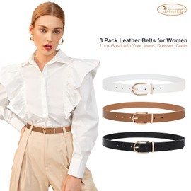 JASGOOD 3 Pack Women Leather Belts for Jeans Pants Fashion Ladies Belt with Gold Buckle,C-Black+Brown+White,Fit Waist Size 25"-31"