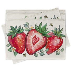Croar Spring Summer Strawberry Placemats Set of 4, Red Fruit Bee Dining Place Mats Table Decor, Seasonal Home Kitchen Decoration 12 x 18 Inch