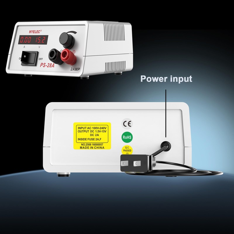 HYELEC Adjustable DC Power Supply, Continuously Adjustable 1.5V-15V Max 2A,