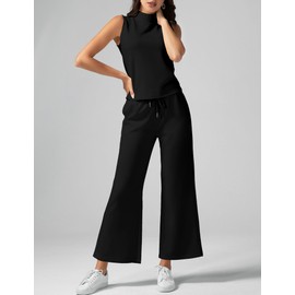 Casly Lamiit Two Piece Outfits for Women Wide Leg Pants Lounge Sets 2025 Fashion 2 Piece Summer Sets Sleeveless Round Neck Top Matching Sets Spring Trending Tracksuit Black Petite XS