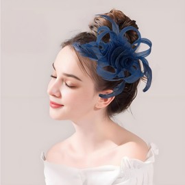 Unpifolov Fascinators Hats Feathers Headband Tea Party Wedding Derby Cocktail Flower Mesh Hair Clip Headwear for Girls and Women T-13 Navy Blue