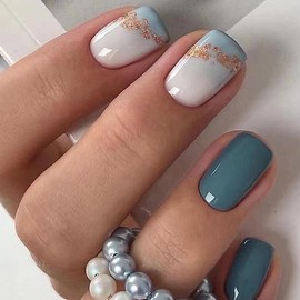 Glitter Square Press on Nails Short Fake Nails French Acrylic Full Cover False Nails for Women and Girls 24PCS(Blue)