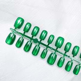 Green Press on Nails Short Square Fake Nails for Cat Eye Jelly False Nails Kit Reusable Glossy Shiny Acrylic Nails Press ons Dark Green Glitter Magnetic Glue on Nail Stick on Nail Set for Women
