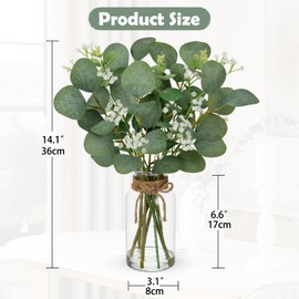 Artificial Eucalyptus Stems with Baby Breath Flowers in Glass Vase with Faux Water, 14" Fake Plant Eucalyptus Leaves for Home Farmhouse Wedding Centerpiece Bathroom Décor
