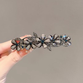 High-end obsidian rhinestone glass flower spring clip, back of head hair clip, elegant top clip hair accessory, barrette.