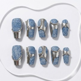 Sun&Beam Nails Handmade Nail Tips Short Coffin Denim Blue Silver 3D Chain Design False Nails 10pcs (#303 S)