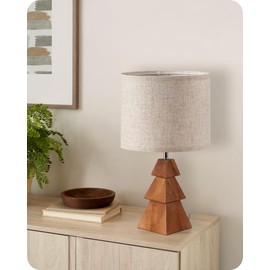 GOEBLESON Wood Table Lamp, Wood Bedside Lamp with Tree-Shaped Base & Linen Lampshade, Modern Cute Desk Lamp for Living Room, Bedroom, E26 Base, Bulb Not Included, Beige and Dark Natural LE08TL05