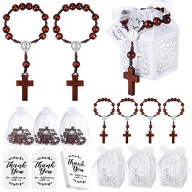 Liliful 100 Pcs Baptism Rosary Favors Set Includes 25 Pcs Wood Mini Rosary 25 Pcs Baptism Favor Boxes 25 Pcs Organza Bags 25 Pcs Thank Tags for Baby Shower First Communion Christening Party Gift