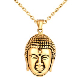 INFINIONLY Mens Stainless Steel Buddha Necklace Pendant Religion Amulet Pendant for Teenagers Vintage Gold Buddha Head Necklaces with 55cm Chain Novelty Jewellery
