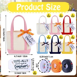 Sunnymove 12 Set Teacher Appreciation Gift Bags Bulk 12 Mini DIY Canvas Tote Bags 5 x 6 Inch with 3 Rolls Ribbons 12 Tags for Thank You Gift Women Teacher Classroom Graduation Office