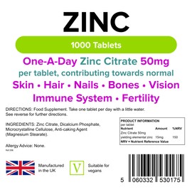 Lindens Zinc Citrate 50mg Tablets - 1000 Pack - High Strength 150% Nrv Dose Contributing Towards Normal Skin, Hair, Nails, Bones, Vision, Immune System and Fertility