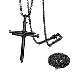 DXNQ 2 PCS Nail Cross Pendant for Men, Christian Auto Cross Hanging Ornament with 3 Nails, Stainless Steel Religious Cross Chain for Car Rear View Mirror Hanging, Car Accessories (Black)