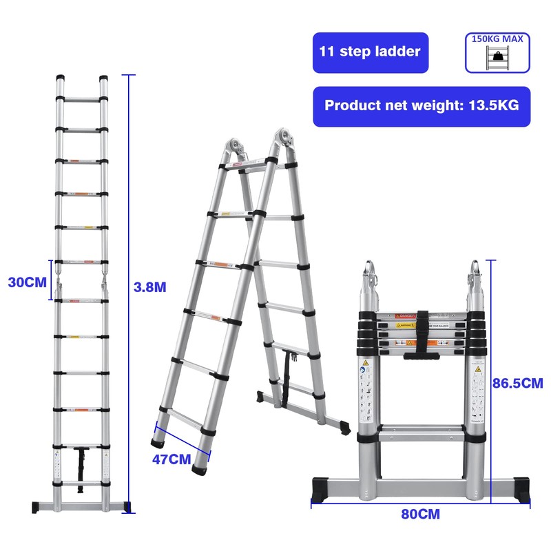 12.5FT A-Frame Extension Ladder Aluminum Telescopic Ladder Portable Collapsible Ladder