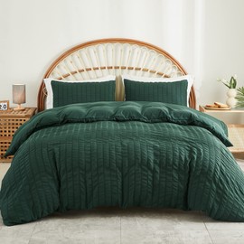 AveLom Dark Green Seersucker Duvet Cover Set Full Size (80 x 90 inches), 3 Pieces (1 Duvet Cover + 2 Pillow Cases), Ultra Soft Washed Microfiber, Textured Duvet Cover with Zipper Closure, Corner Ties