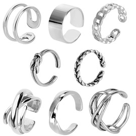 Men’s Rings, Set of 8 Rings, Fashion Rings, Silver, Alloy, One Size Fits Most (Adjustable), Stylish Accessory, Simple, Chain Rings, Gift, No Gemstone
