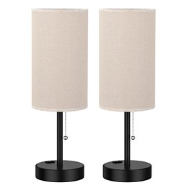 Fenmzee Plus Beige Bedside Table Lamps Set of 2-3 Color Temperatures Pull Chain Lamp with AC Outlet Charging Port, Two Round Night Stand Lamps for Bedroom Guest Room Office, Bed Side Light