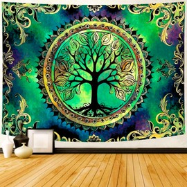Delur Tree of Life Tapestry Green Nature Bohemian Mandala Spiritual Tapestry Wall Hanging Mystical Landscape Hippie Psychedelic Headboard for Bedroom Living Room Home Decor (51.2" x 59.1")