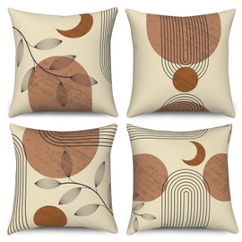 ASDCXZ Boho Cushion Cover 40 x 40 cm Set of 4 Abstract Boho Style Leaves Day Month Sofa Cushion Cover Decorative Cushion Covers Washable Polyester Flax Textile Outdoor Cushion Pillow Case