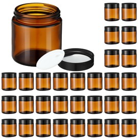 30 Pcs 4 oz Amber Glass Jars with Black Lids Leakproof Round Airtight Jars Empty Cosmetic Jars with Inner Liners Lid for Candle Making Storing Lotions Spice Powder Liquid Sample Makeup (Black,Amber)