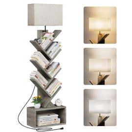 Evermagin 6 Tier Tree Bookshelf with Light, Narrow Bookcase Tower, Tall Floor Standing Book Shelf Organizer with Storage Cabinet for Living Room, Bedroom and Home Office, Gray