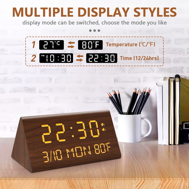 Kogonee Wooden Digital Alarm Clock, 0-100% Dimmer, 2 Alarm Settings,
