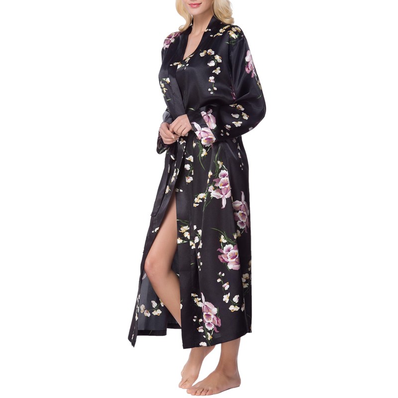 Lavenderi Women's Long Classic Satin Kimono Lounge Bathrobe Robe(XL,Black AOP)