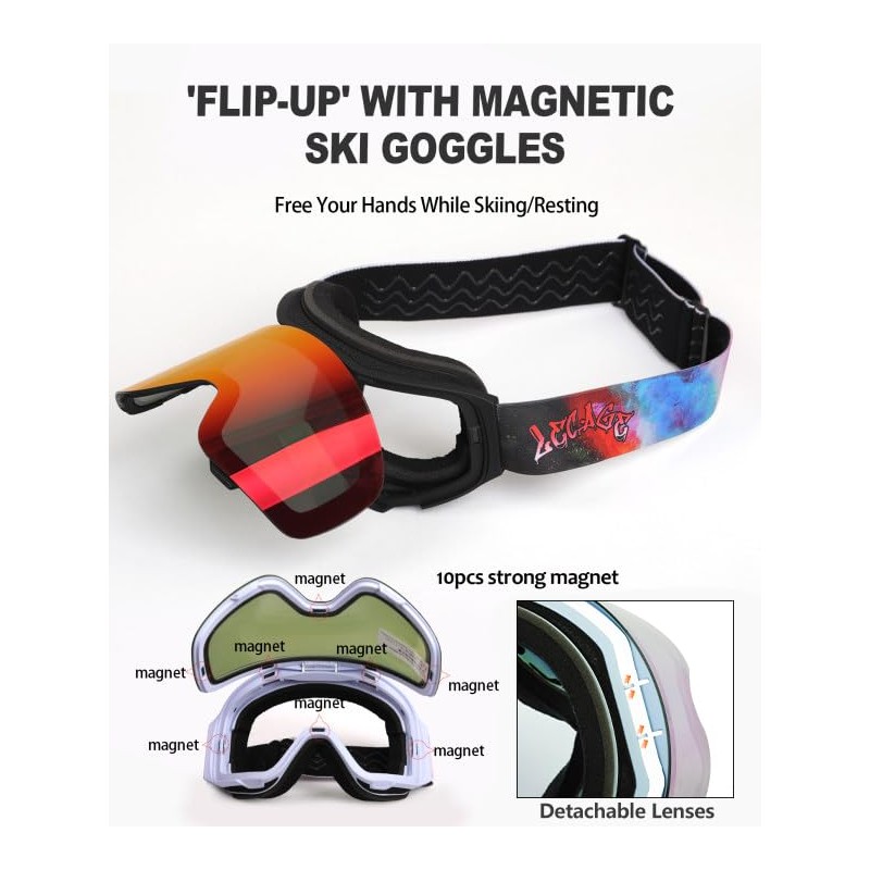 LECAGE Frameless Flip-Up Ski Goggles, Anti Fog Snow Goggles with