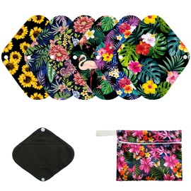 Paquete de 7 almohadillas de tela, incluye 1 mini bolsa húmeda + 6 almohadillas menstruales de tela de carbón de bambú de 8 pulgadas, almohadillas sanitarias reutilizables, forro de bragas para mamá (todos los estampados aleatorios)