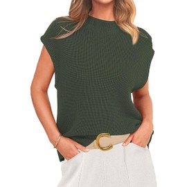 PRETTYGARDEN Womens Mock Neck Sleeveless Sweater Vest 2025 Summer Casual Fall Short Cap Sleeve Knit Ribbed Pullover Tank Tops(Army Green,Large)