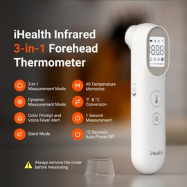 iHealth Infrared Digital Thermometer for Adults and Kids, Baby Thermometer with 3-in-1 Mode & 3-Color Prompt, Fever Alarm & Silent Mode, Forehead & Object Detection, 40 Memory Storages, PT9L, White