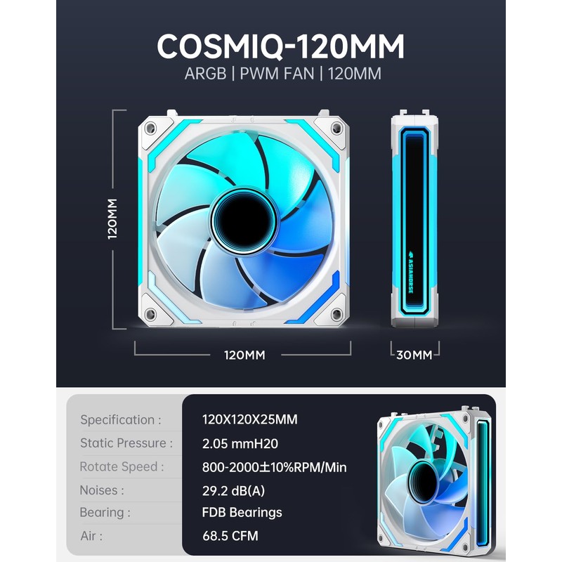 AsiaHorse COSMIQ 120mm Case Fan, Infinity Mirror FDB Reverse Fan