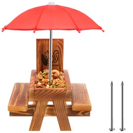 Squirrel Feeder Table,Wooden Squirrel Picnic Table with Umbrella & Corn Cob Holder,Outdoor Squirrels Chipmunk Feeding Bench Station,Garden Ornaments for Bird, Squirrels Chipmunk