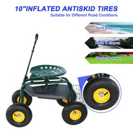 Garden Cart Rolling Scooter, Adjustable Height Heavy Duty Scooter, Rolling Garden Cart with 4 Wheels and Extendable Handle, Garden Stool Cart with 360-Degree Seat and Tool Tray (Green)