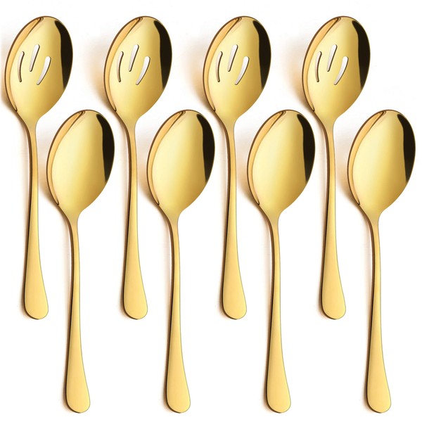 LIANYU 8-Piece Large Gold Serving Spoons, Gold Slotted Serving Spoons, 9.8Inch Stainless Steel Serving Utensils for Party Buffet Restaurant Banquet Dinner Catering, Dishwasher Safe