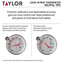 Taylor Leave-in Meat Oven Safe Analog Dial Meat Food Grill BBQ Kitchen Cooking Thermometer, 2 inch dial, Stainless Steel