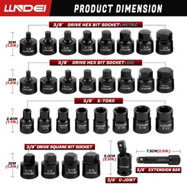 LLNDEI 3/8 Inch Drive Low Profile Impact Hex Driver Set, 30-piece SAE/Metric 1/4-3/4 Inch & 6-19mm, with E-torx Bit Socket Set E8-E20, Square Bit Socket, U-Joint Extension Bar， Cr-Mo, Storage Case