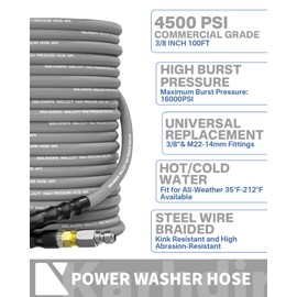 KARHDIR Pressure Washer Hose 100FT 3/8" for Cold and Hot Water 212°F, with Swivel Quick Connect, 4500PSI Kink Resistant Grade Steel Wire Braided, Power Washer Hose With 2pcs M22-14mm Adapter