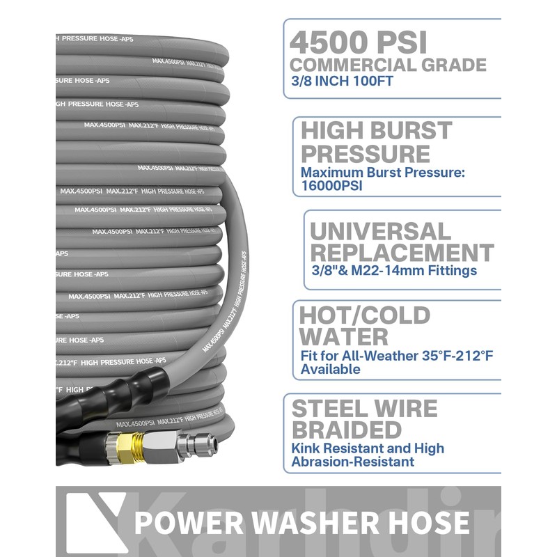 KARHDIR Pressure Washer Hose 100FT 3/8" for Cold and Hot