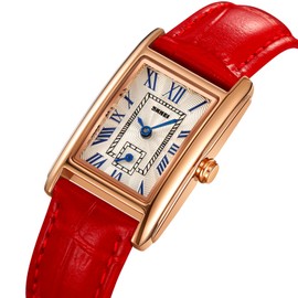 Vintage Women's Rectangle Wrist Watch Classic Ladies Analog Quartz Watch Ultra-Thin Ladies Bangle Bracelet Watch Female Business Dress Watch with Leather Strap (Red)