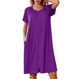 Ekouaer Bathrobes for Women Soft Zipper Robe Casual Short Sleeves Loungewear Knee Length Shower Robes Eggplant XXL