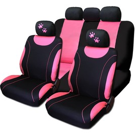 Yupbizauto Pink and Black Front and Rear Car Seat Covers with Embroidery Animal Pink Paw Headrest Covers for Women Universal Size