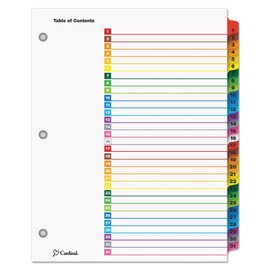 Cardinal OneStep Binder Dividers, 31-Tab, Customizable Table of Contents, Reversible Multicolor Tabs, Numbered 1–31, 1 Set (60118)